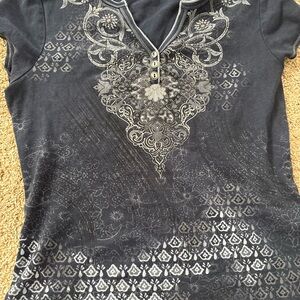 Gray Graphic Embellished Polo Blouse